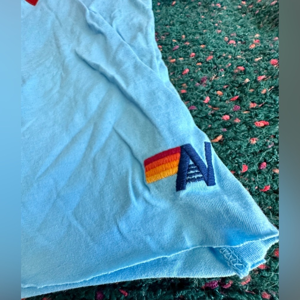 RARE Aviator Nation Heart Tee Blue Rainbow Stripe Boyfriend Tee NWOT M - Picture 5 of 16